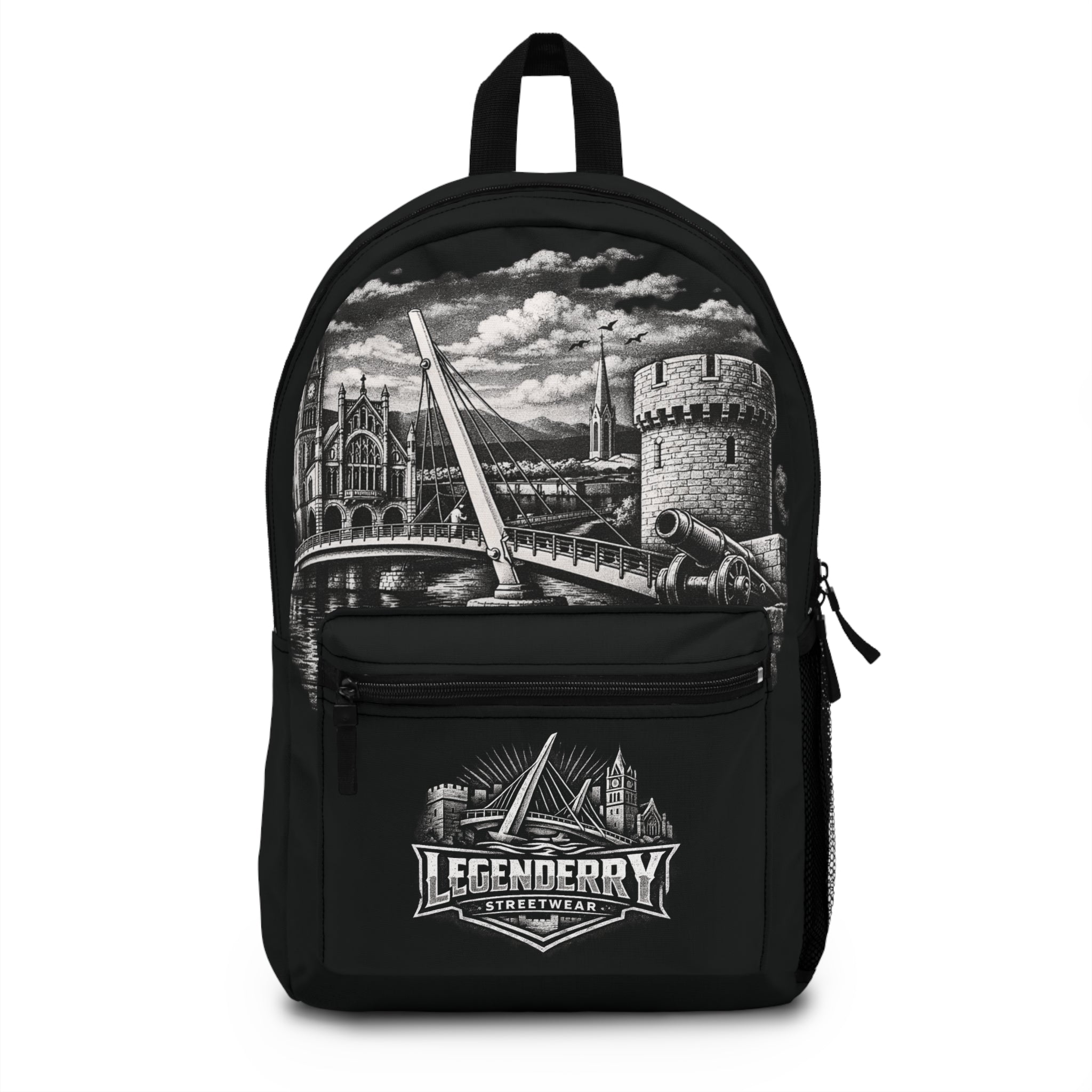 Legenderry Cityscape Backpack — Gothic Castle & Bridge Illustration School Bag