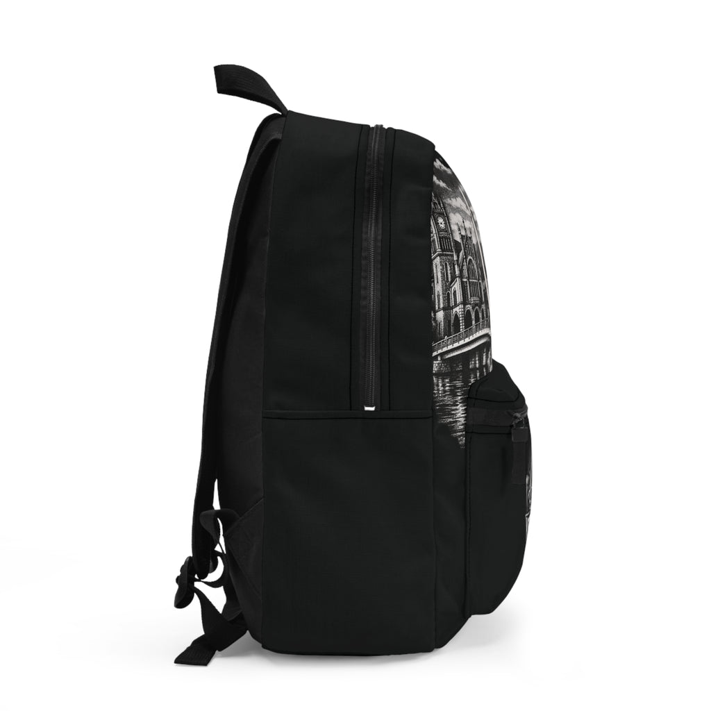 Legenderry Cityscape Backpack — Gothic Castle & Bridge Illustration School Bag