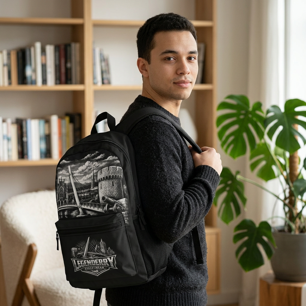 Legenderry Cityscape Backpack — Gothic Castle & Bridge Illustration School Bag