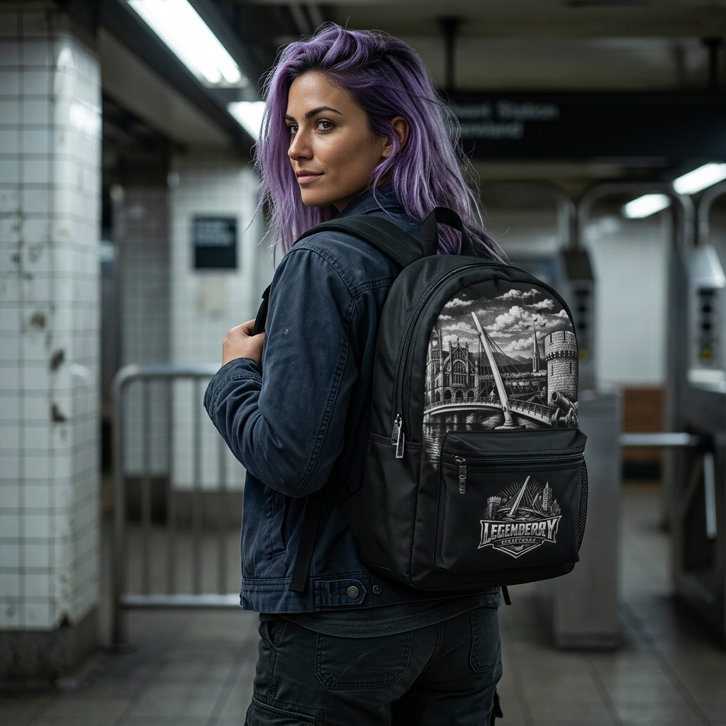 Legenderry Cityscape Backpack — Gothic Castle & Bridge Illustration School Bag