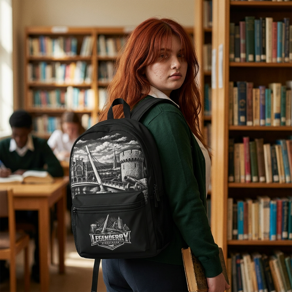 Legenderry Cityscape Backpack — Gothic Castle & Bridge Illustration School Bag